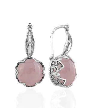 Graceful Filigree Leaf Pattern Rose Quartz Sterling Silver Drop Earrings