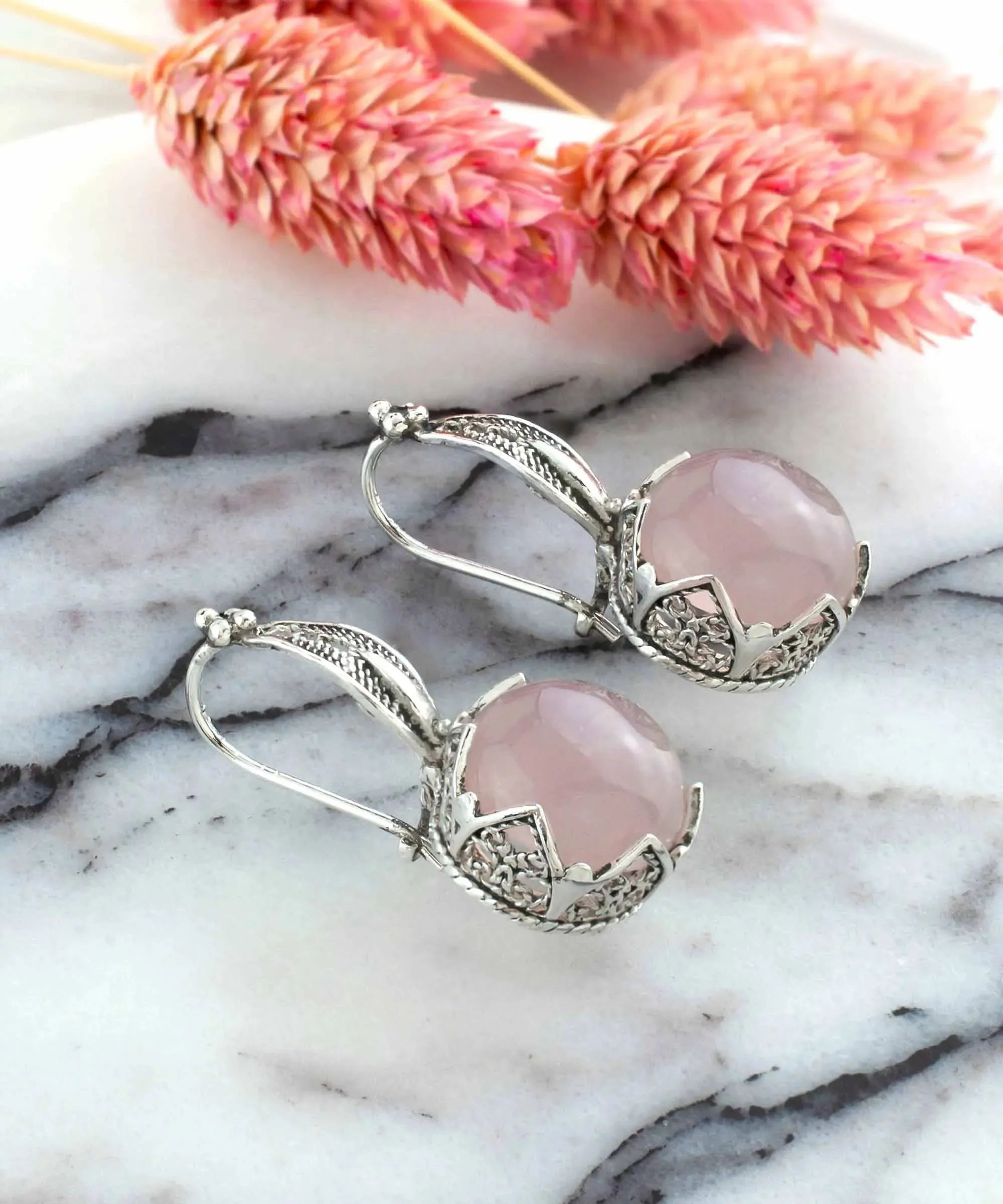 Graceful Filigree Leaf Pattern Rose Quartz Sterling Silver Drop Earrings