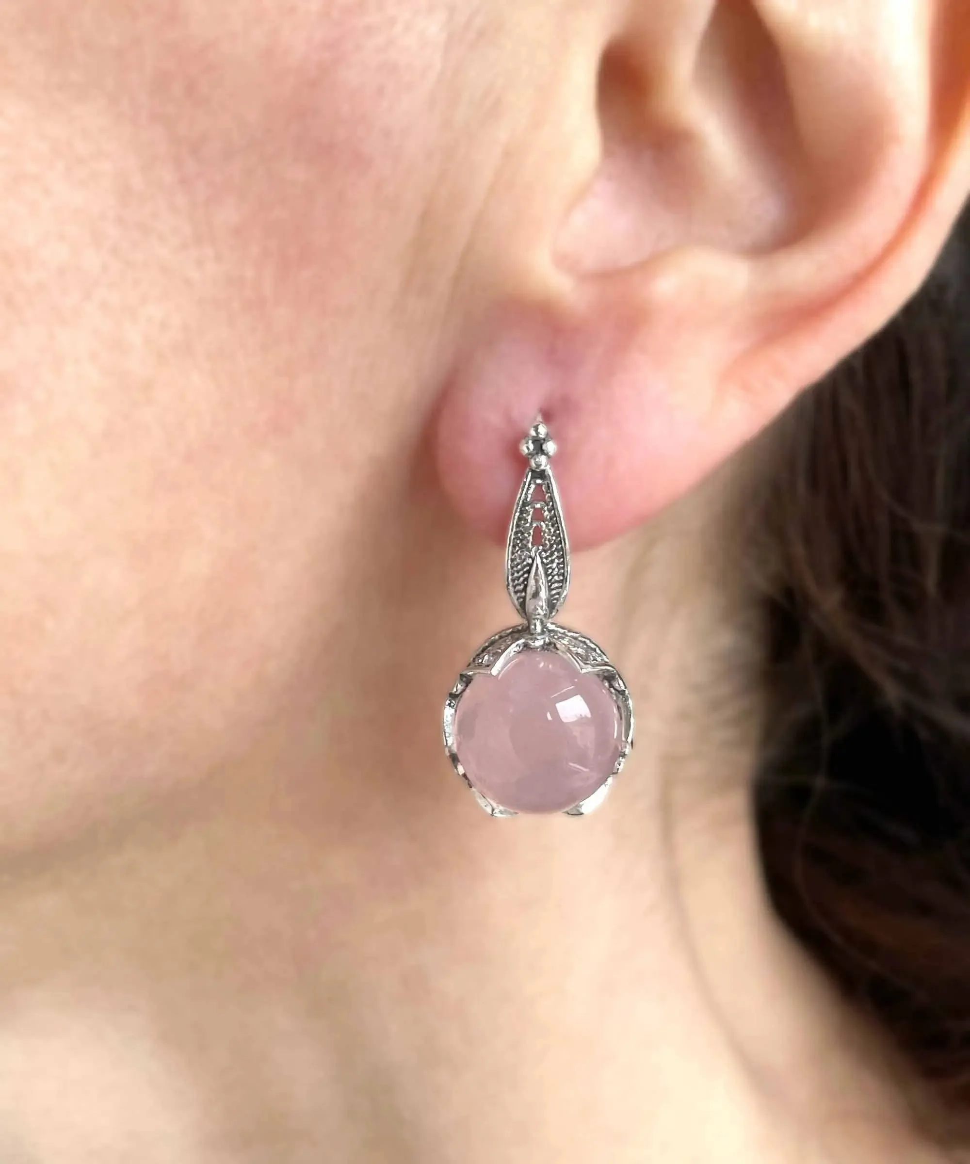 Graceful Filigree Leaf Pattern Rose Quartz Sterling Silver Drop Earrings