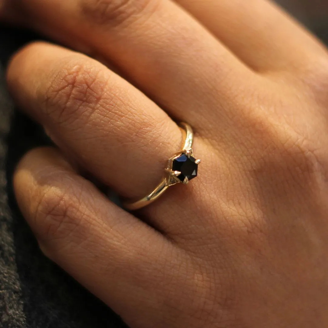 Hexagn-Cut Black Spinel Engagement Ring