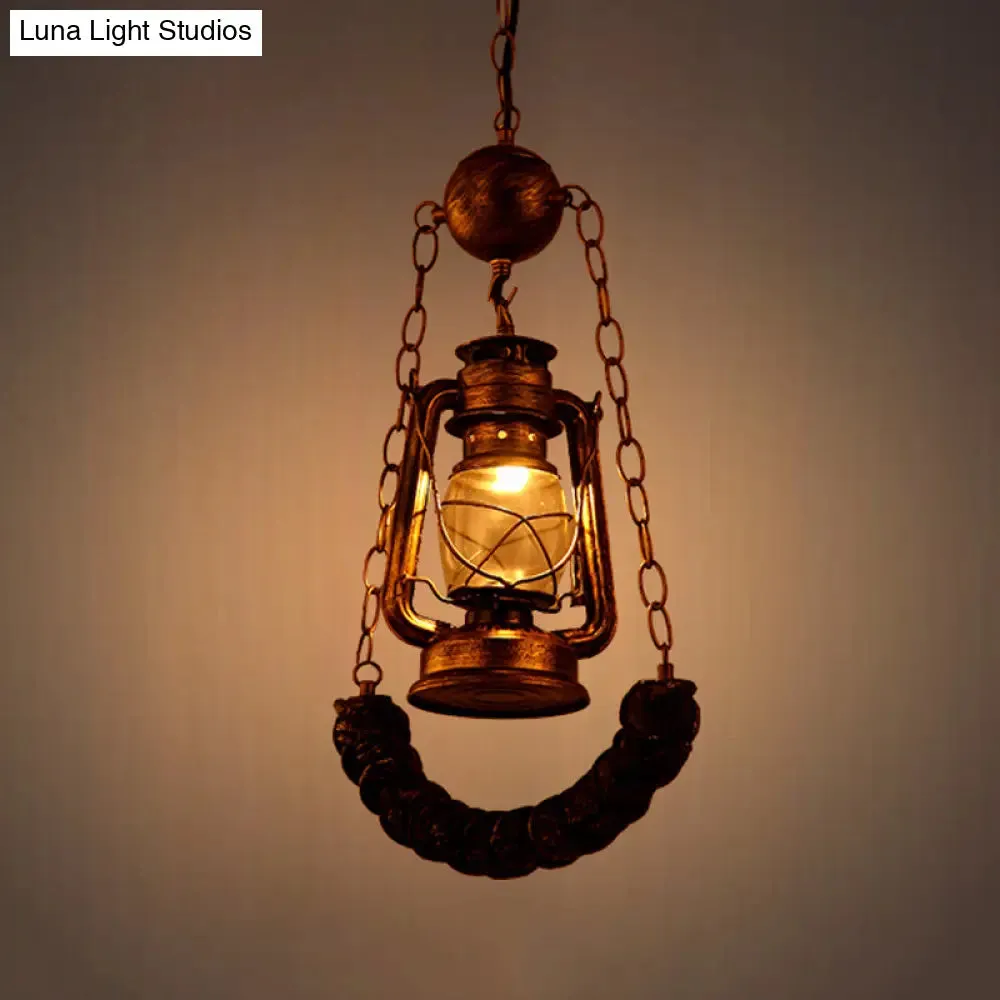 Industrial Style Pendant Lighting: Clear Glass Brass Hanging Lamp Kit with Kerosene & Resin Curved Beam