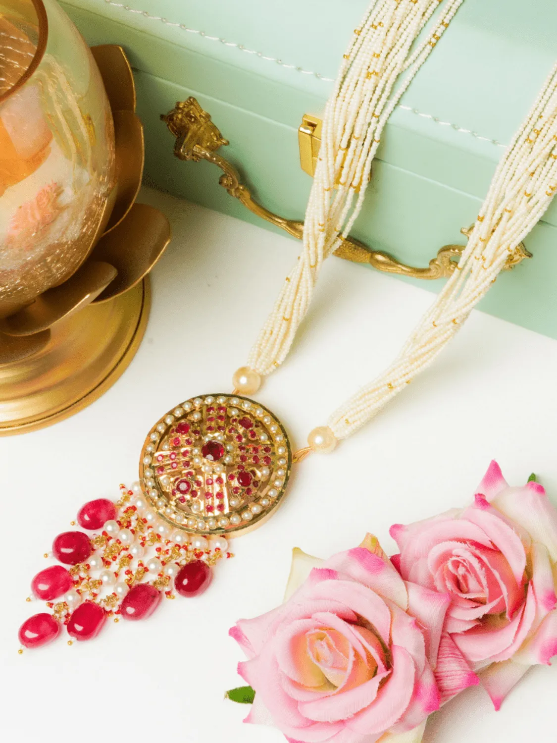 Jadau Round Disc with Stone Drops Pendant Necklace