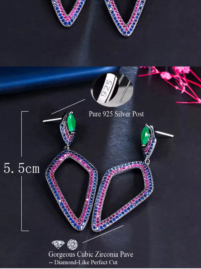 Long Gorgeous Emerald Blue, Red Cubic Zirconia Rhombus Dangle Drop Earrings