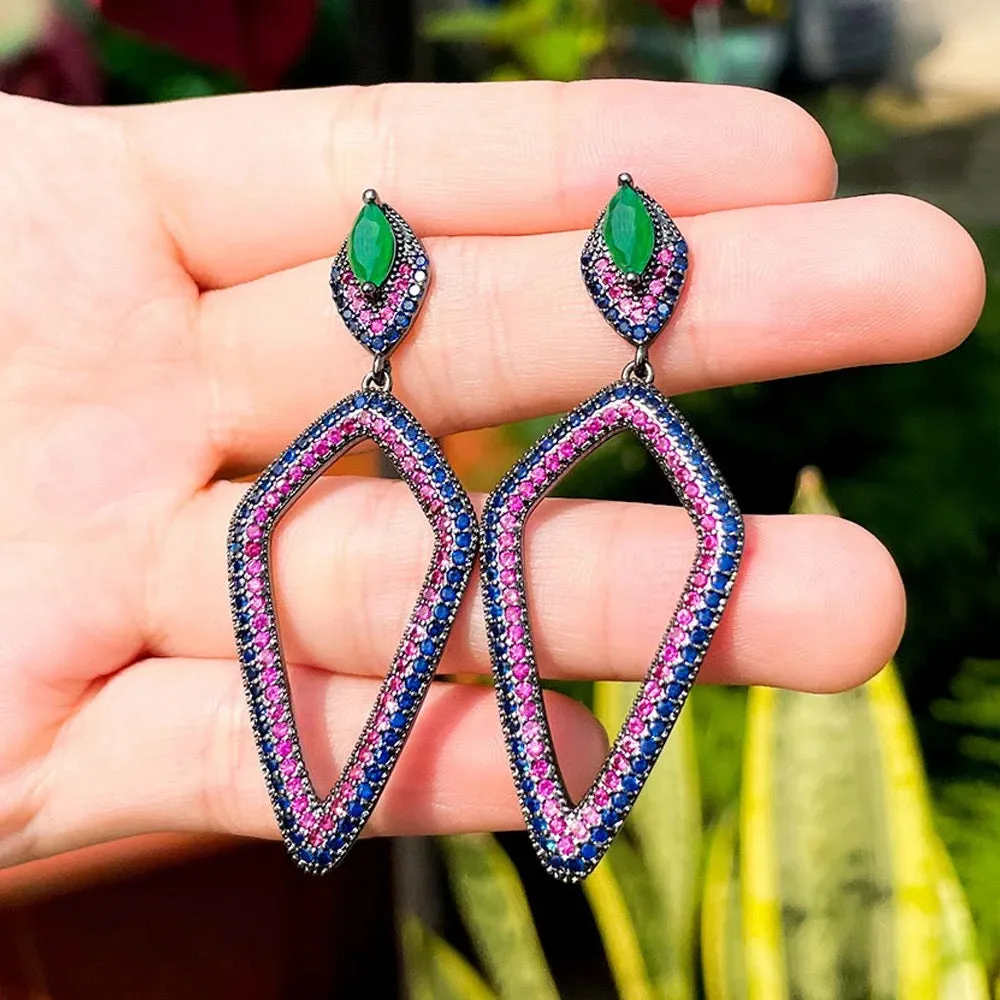 Long Gorgeous Emerald Blue, Red Cubic Zirconia Rhombus Dangle Drop Earrings