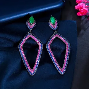 Long Gorgeous Emerald Blue, Red Cubic Zirconia Rhombus Dangle Drop Earrings