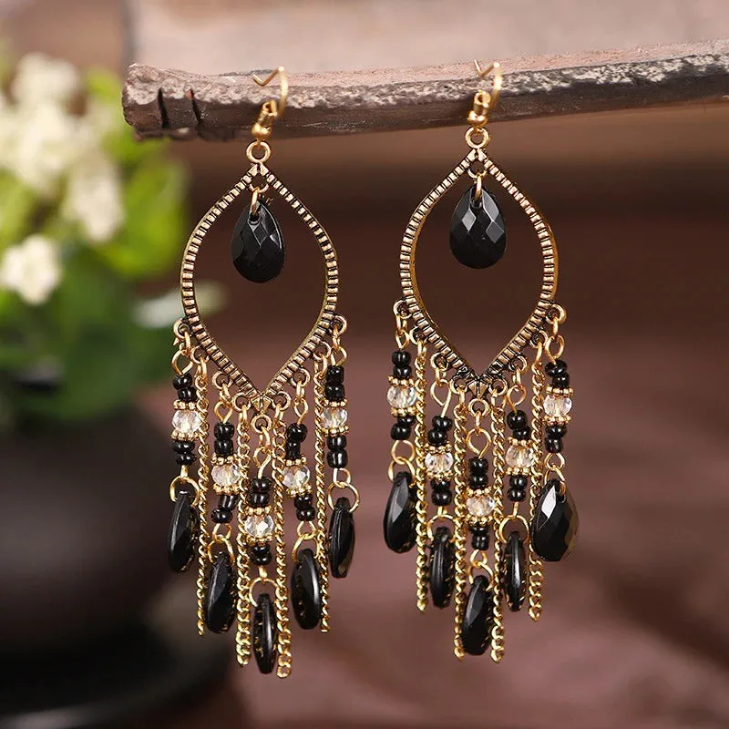 Luxurious Multicolor Crystal Beads Long Tassel Drop Earrings