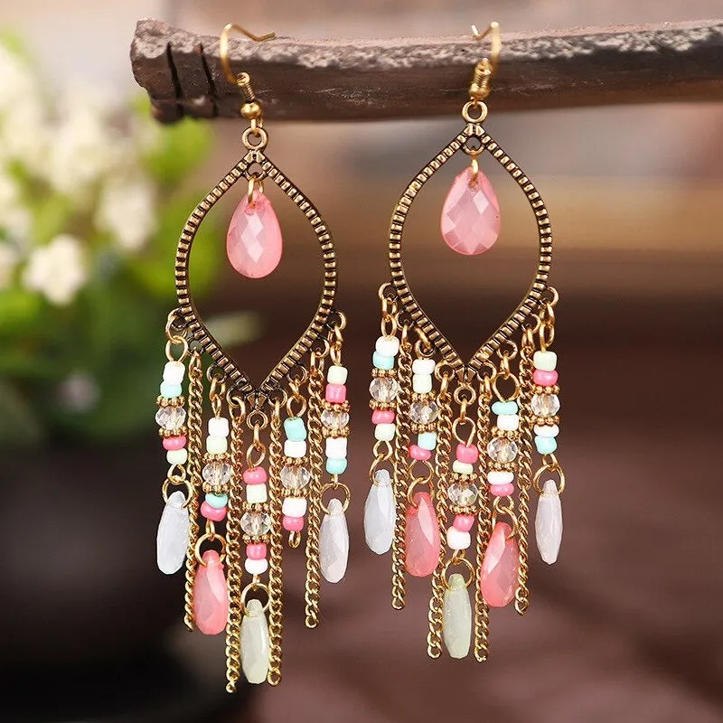 Luxurious Multicolor Crystal Beads Long Tassel Drop Earrings