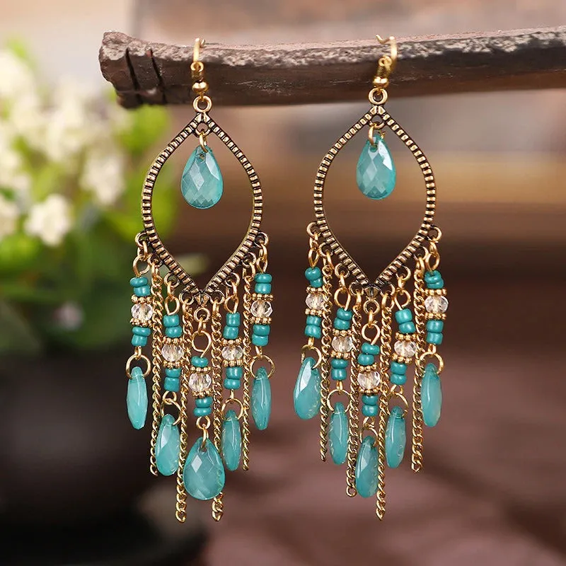 Luxurious Multicolor Crystal Beads Long Tassel Drop Earrings