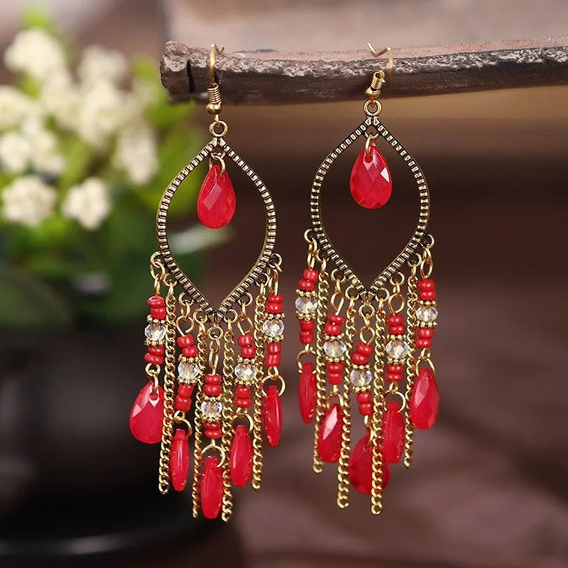 Luxurious Multicolor Crystal Beads Long Tassel Drop Earrings