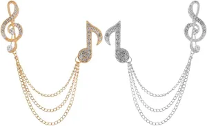 Maigendoo 2pcs Brooches Pin for Men Lapel Pin Shirts Collar Music Note Layers Tassel Chain Suit Collar Shirt Studs Lapel Stick Metal Crystal Chain Jewelry Unisex Accessories, Gold/Silver