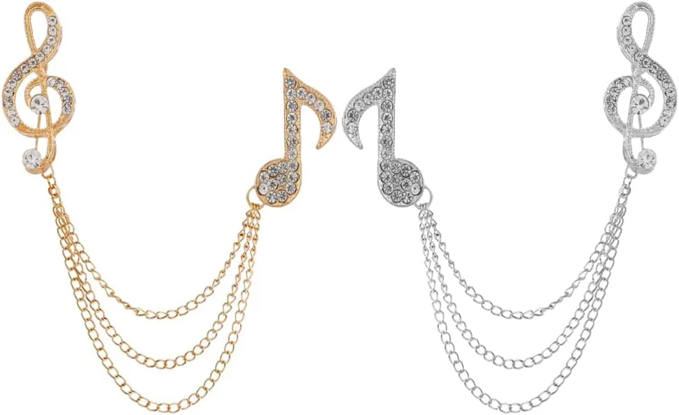 Maigendoo 2pcs Brooches Pin for Men Lapel Pin Shirts Collar Music Note Layers Tassel Chain Suit Collar Shirt Studs Lapel Stick Metal Crystal Chain Jewelry Unisex Accessories, Gold/Silver