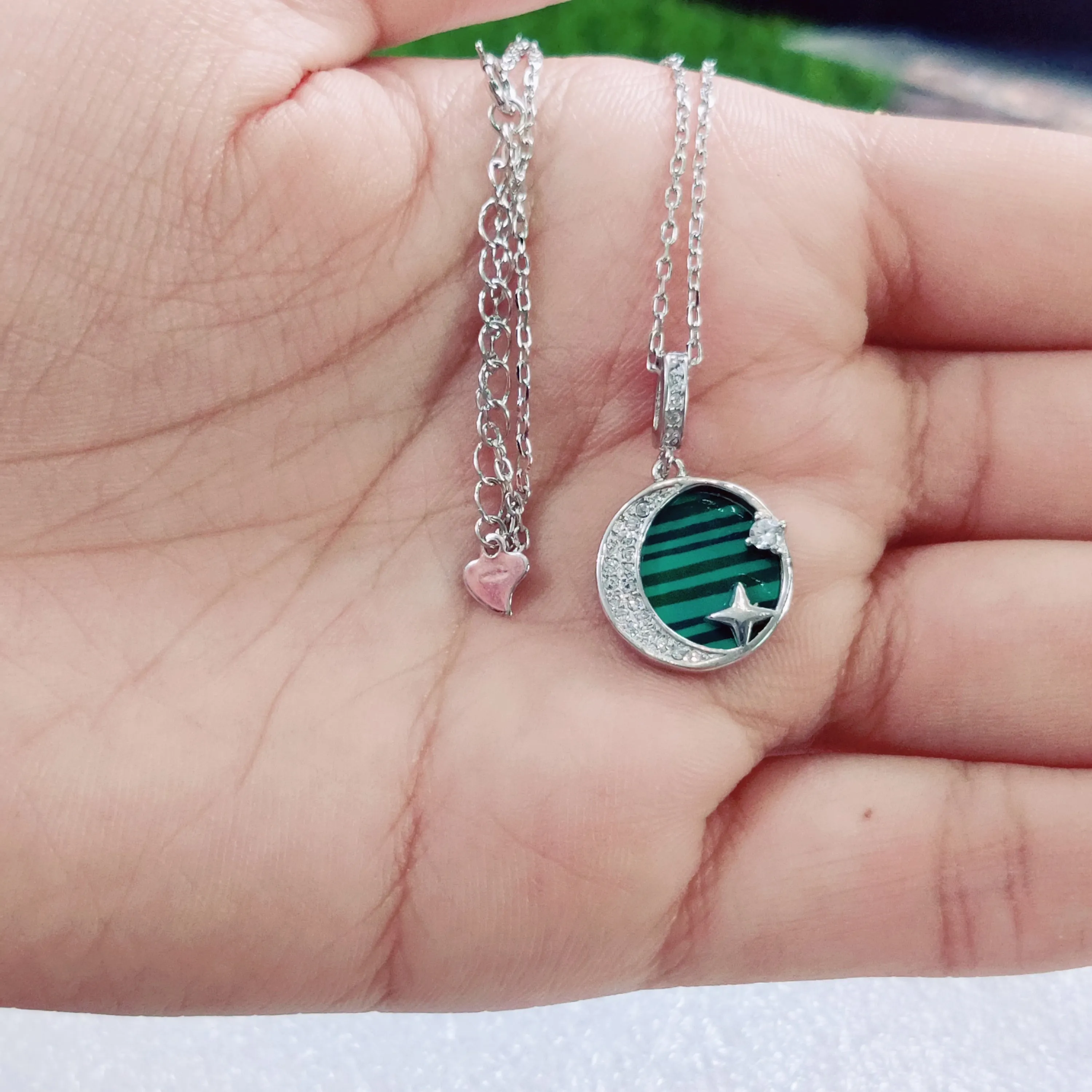 Moon & star Green CZ Chain Pendant
