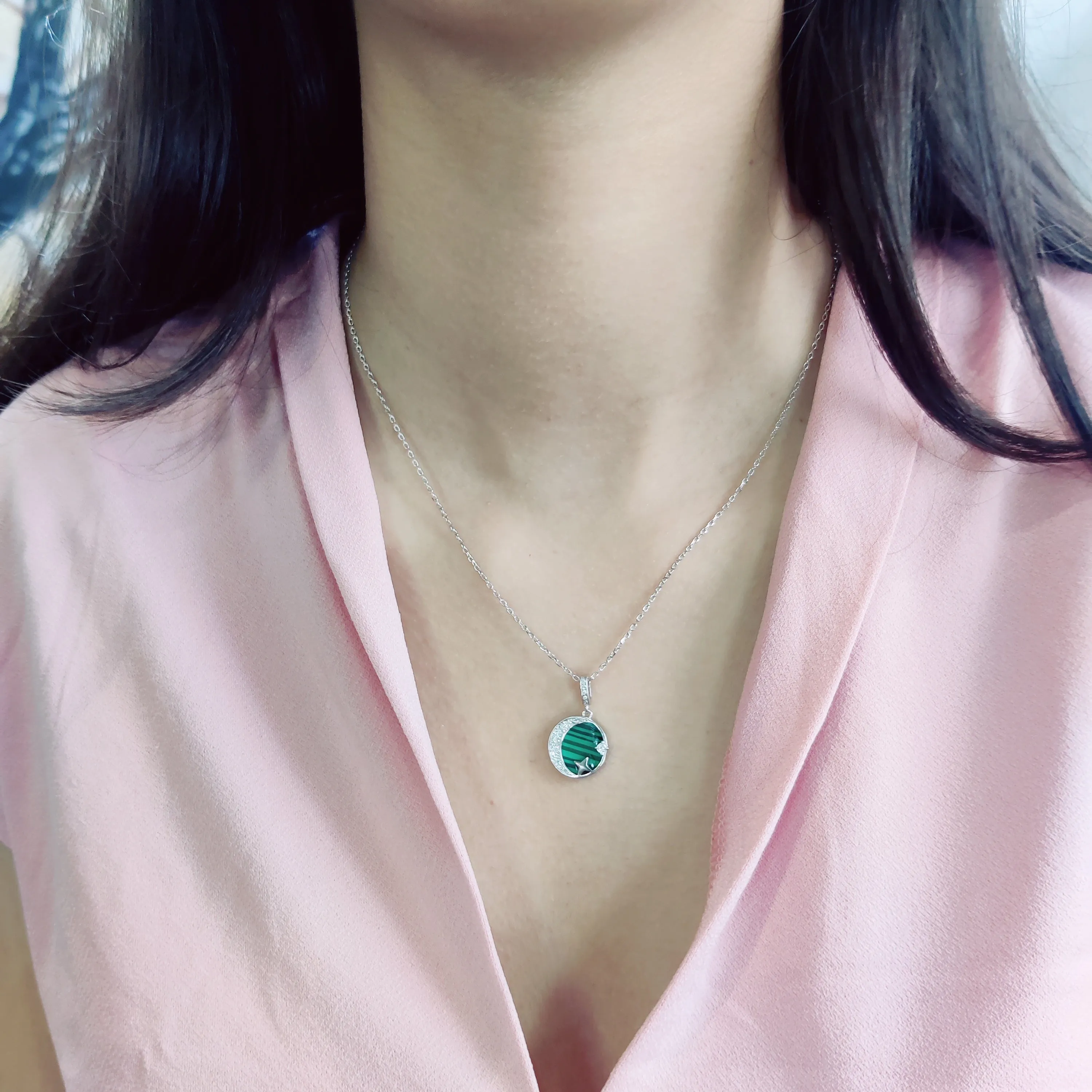 Moon & star Green CZ Chain Pendant