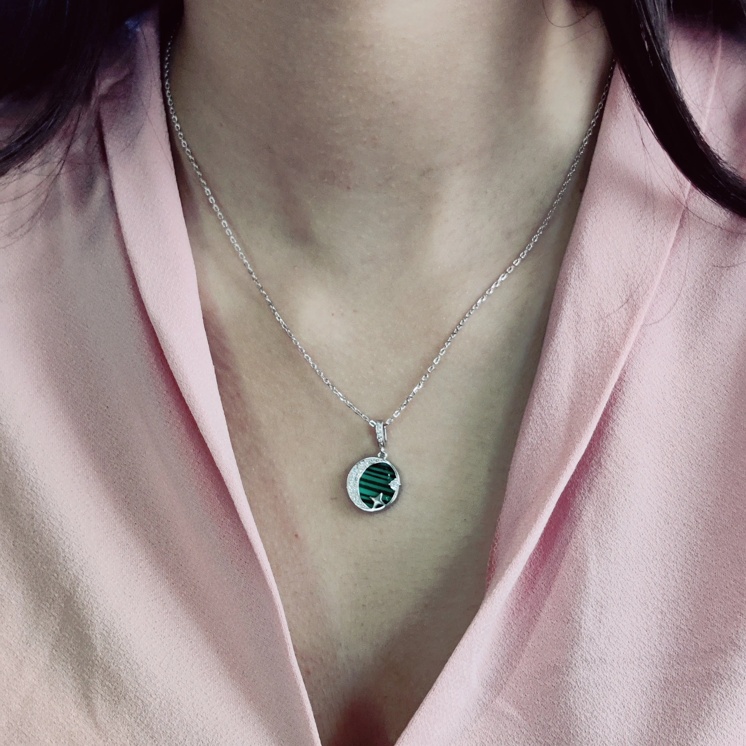 Moon & star Green CZ Chain Pendant