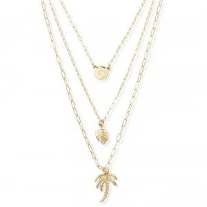 Periwinkle Gold layered necklace with palm tree, leaf and sun charm