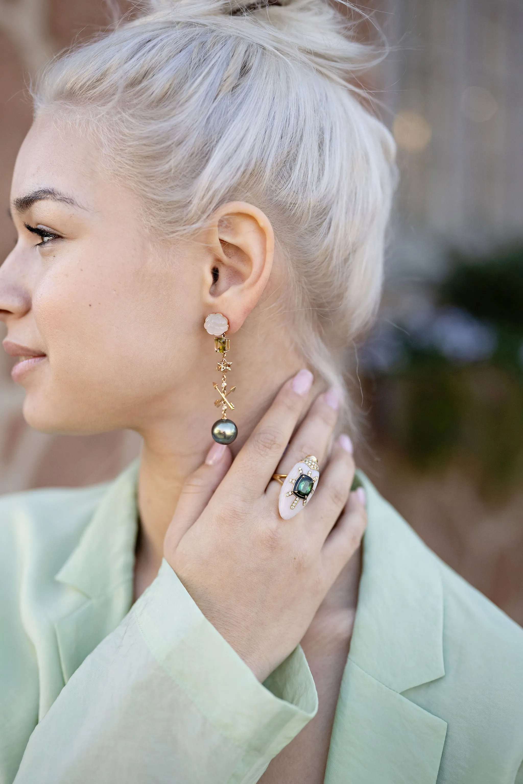 Pink Opal Scarab Ring with Green Tourmaline