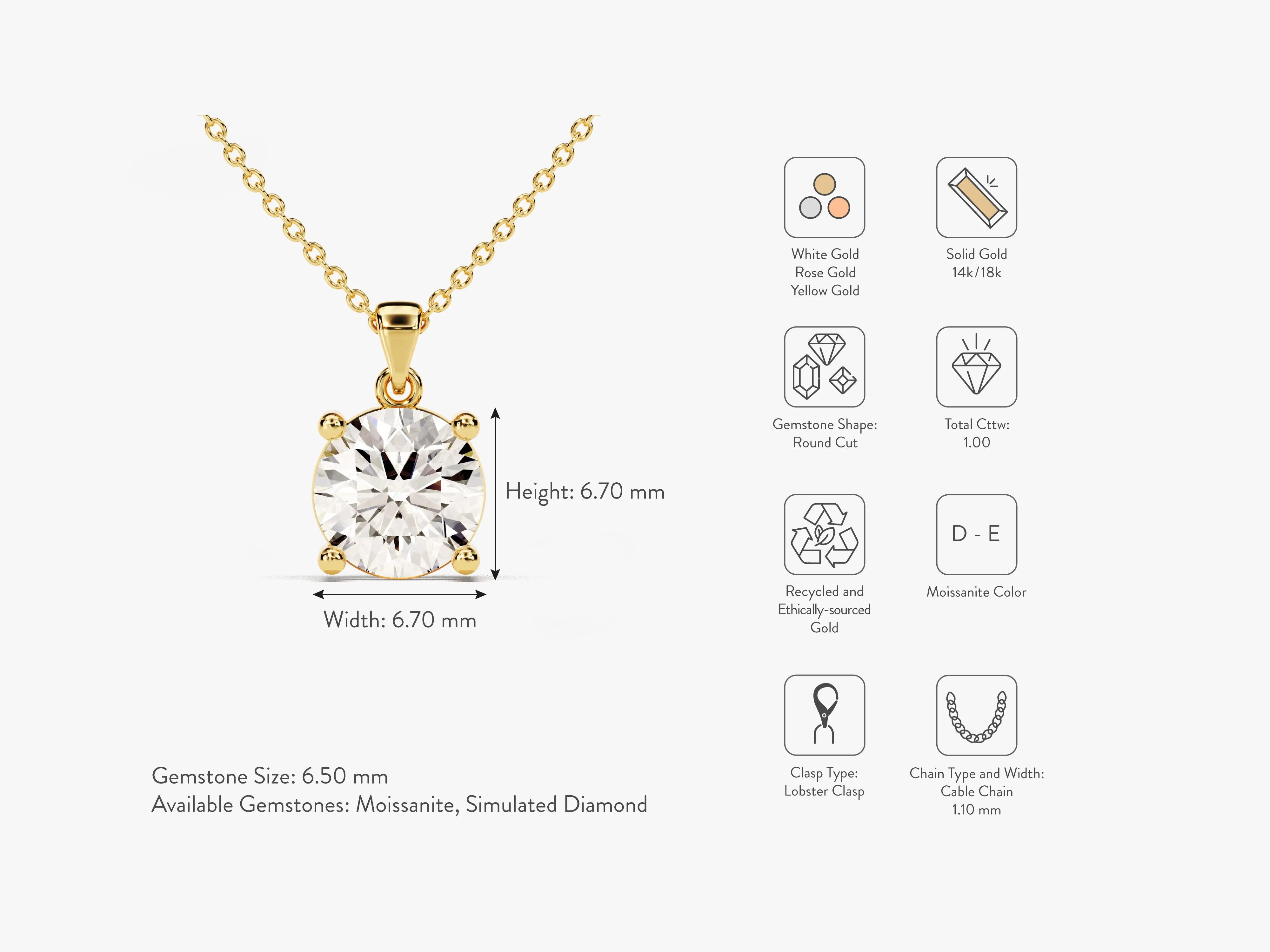 Prong Set Round Cut Lab Grown Diamond Solitaire Pendant (1.00 CT)