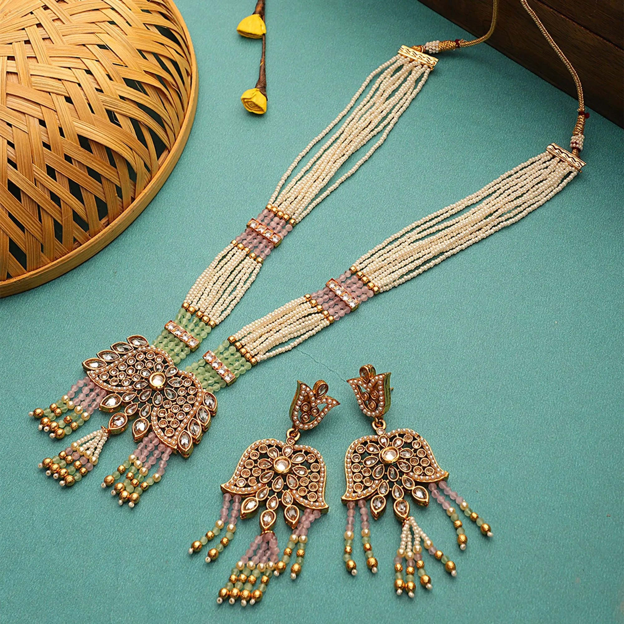 Red Indian Kundan Long Necklace Set