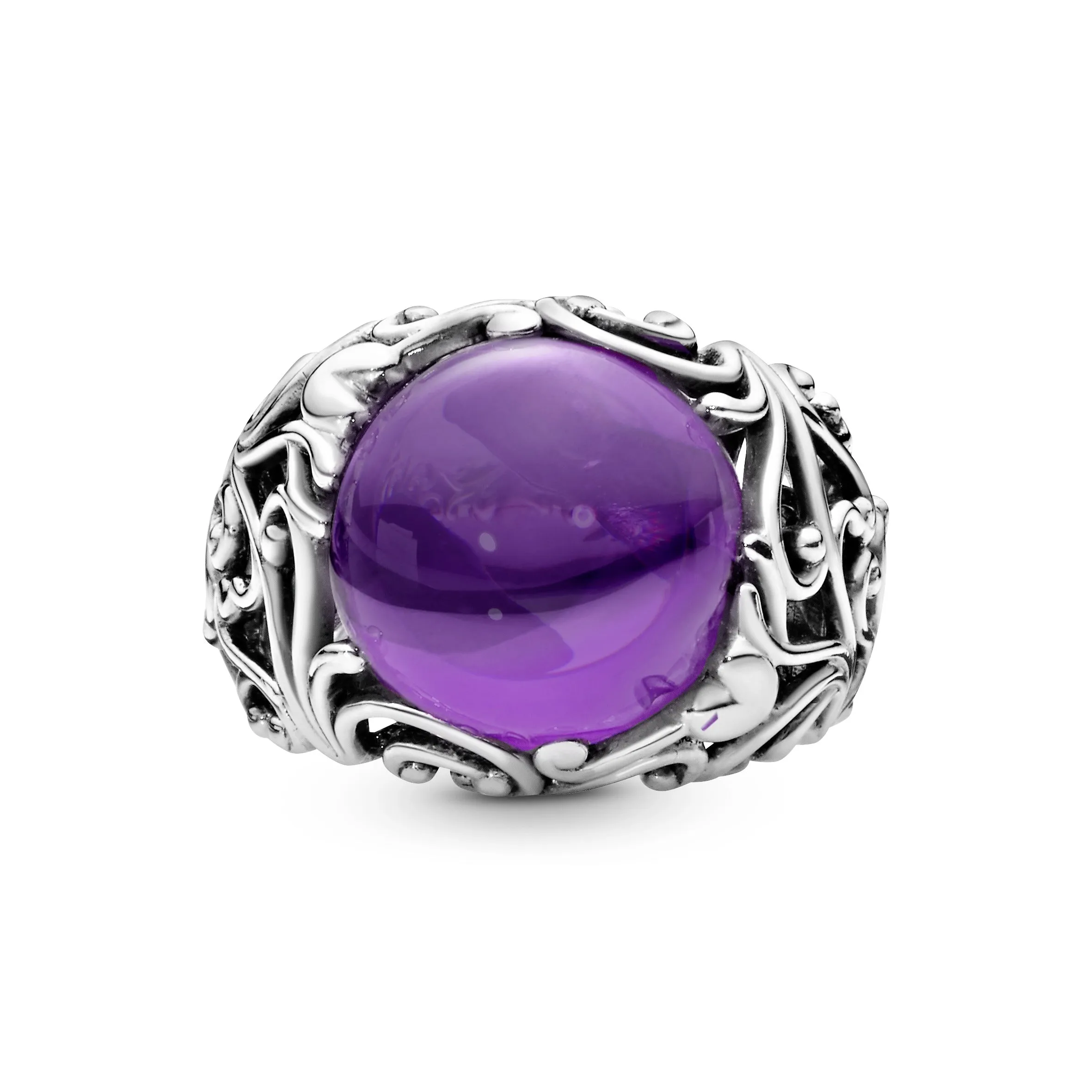 Regal pattern silver ring with purple cubic zirconia