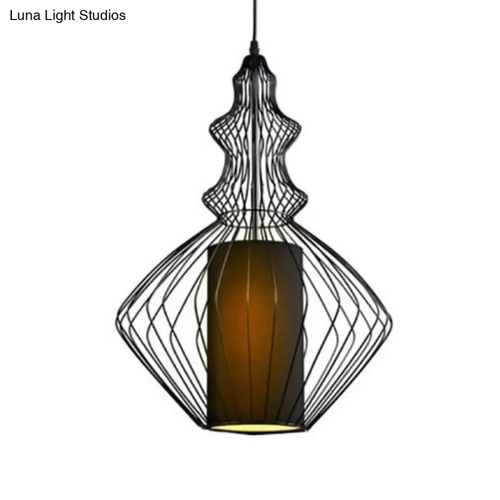 Retro Gourd Shaped Iron Pendant Light with Fabric Shade - Black, 1 Bulb - Stylish Ceiling Hanging Lantern for Dining Room