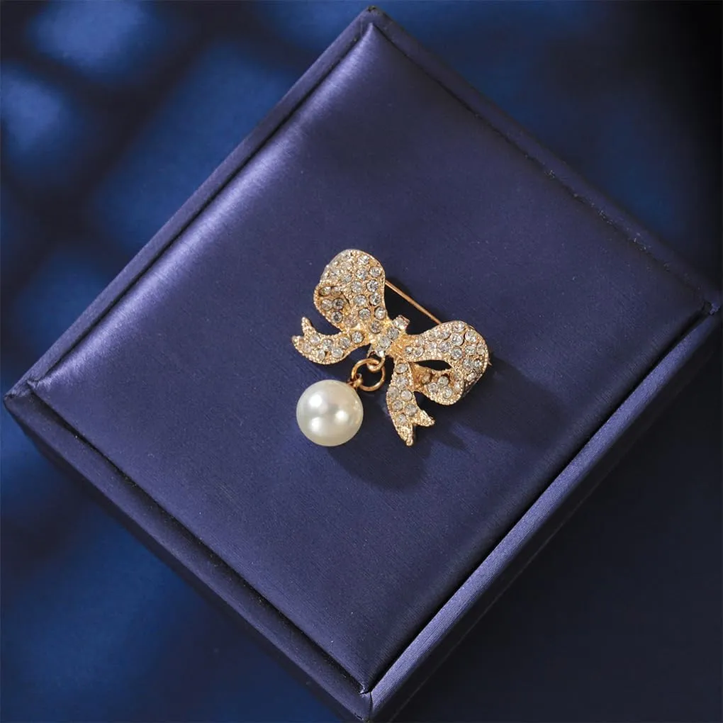 Rhinestone Bow Pearls Brooch Pin for Women, 14K Gold Bling Crystal Bowknot Statement Lapel Pins Silver Pins Dress Suit Ceremony Clothes Accessories