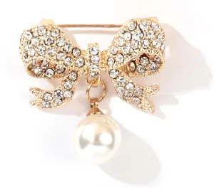 Rhinestone Bow Pearls Brooch Pin for Women, 14K Gold Bling Crystal Bowknot Statement Lapel Pins Silver Pins Dress Suit Ceremony Clothes Accessories