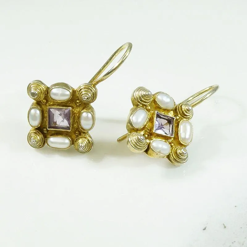Romantic Silver Gilt Ear Bobs with Amethyst & Pearl