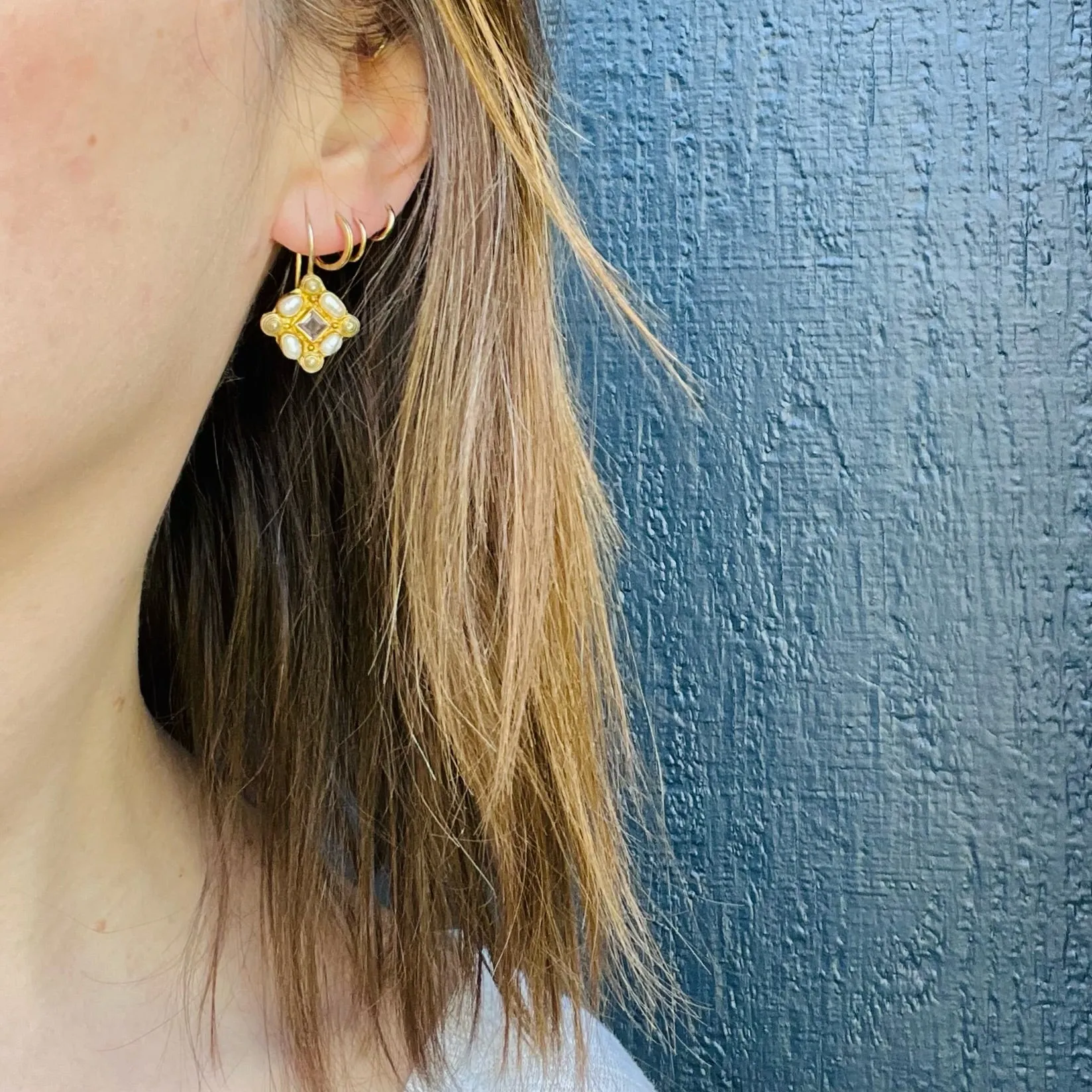 Romantic Silver Gilt Ear Bobs with Amethyst & Pearl