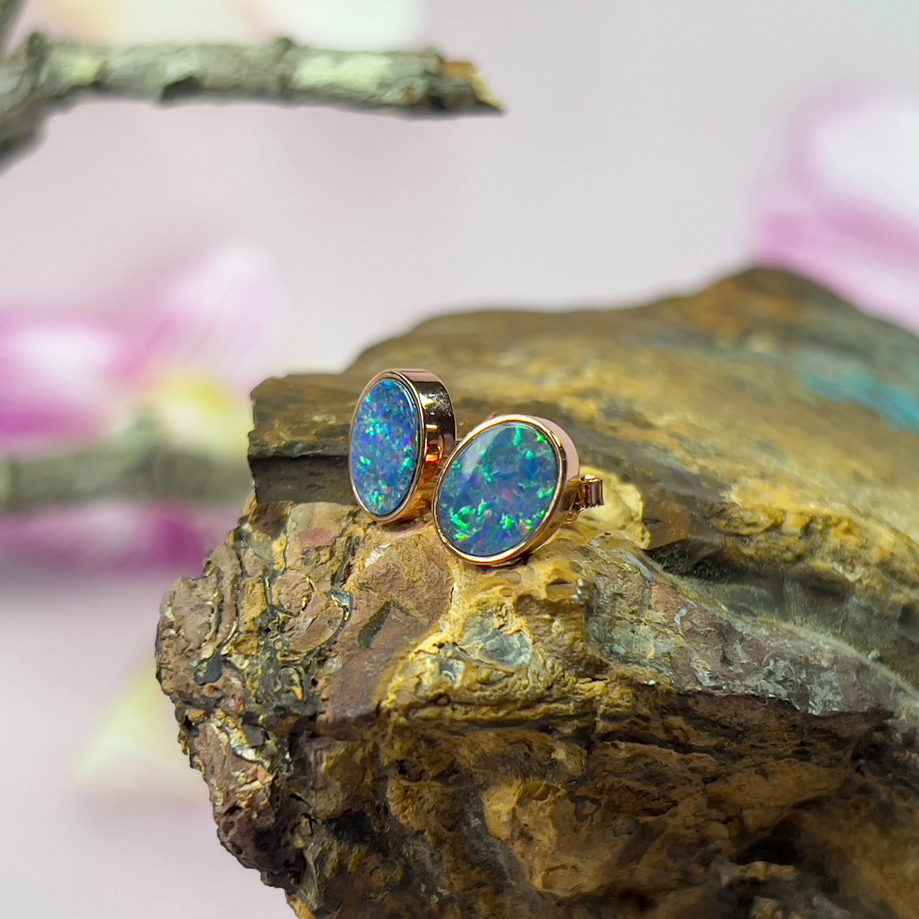 Rose Gold Plated 8x6mm Opal Doublet Earrings - Dainty Gold Studs, Handmade Opal Jewelry, Cute Gift for Her, Birthstone Earrings