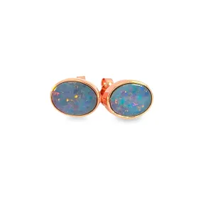 Rose Gold Plated 8x6mm Opal Doublet Earrings - Dainty Gold Studs, Handmade Opal Jewelry, Cute Gift for Her, Birthstone Earrings