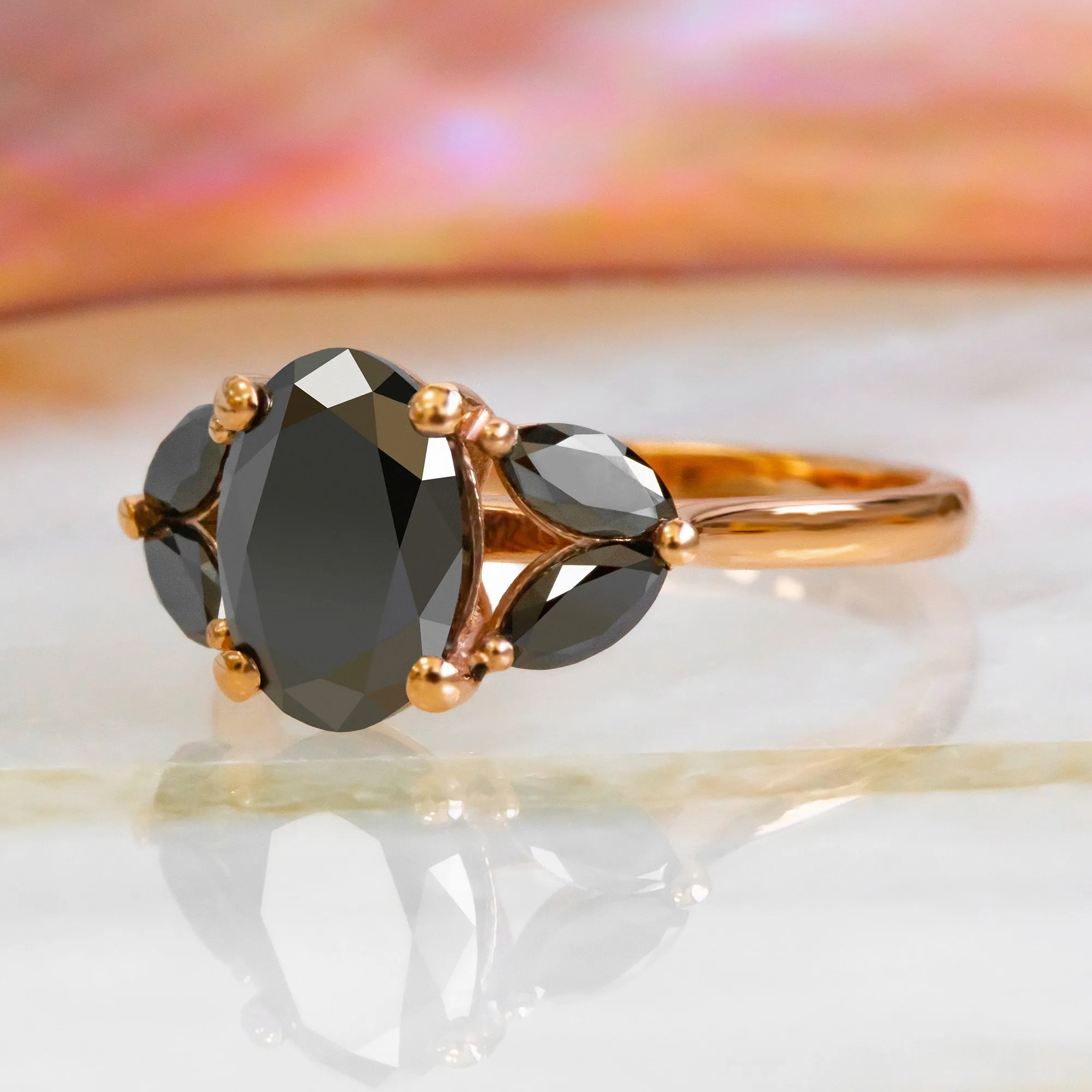 Rosette  Floral   Natural Black Diamond Oval Engagement Ring