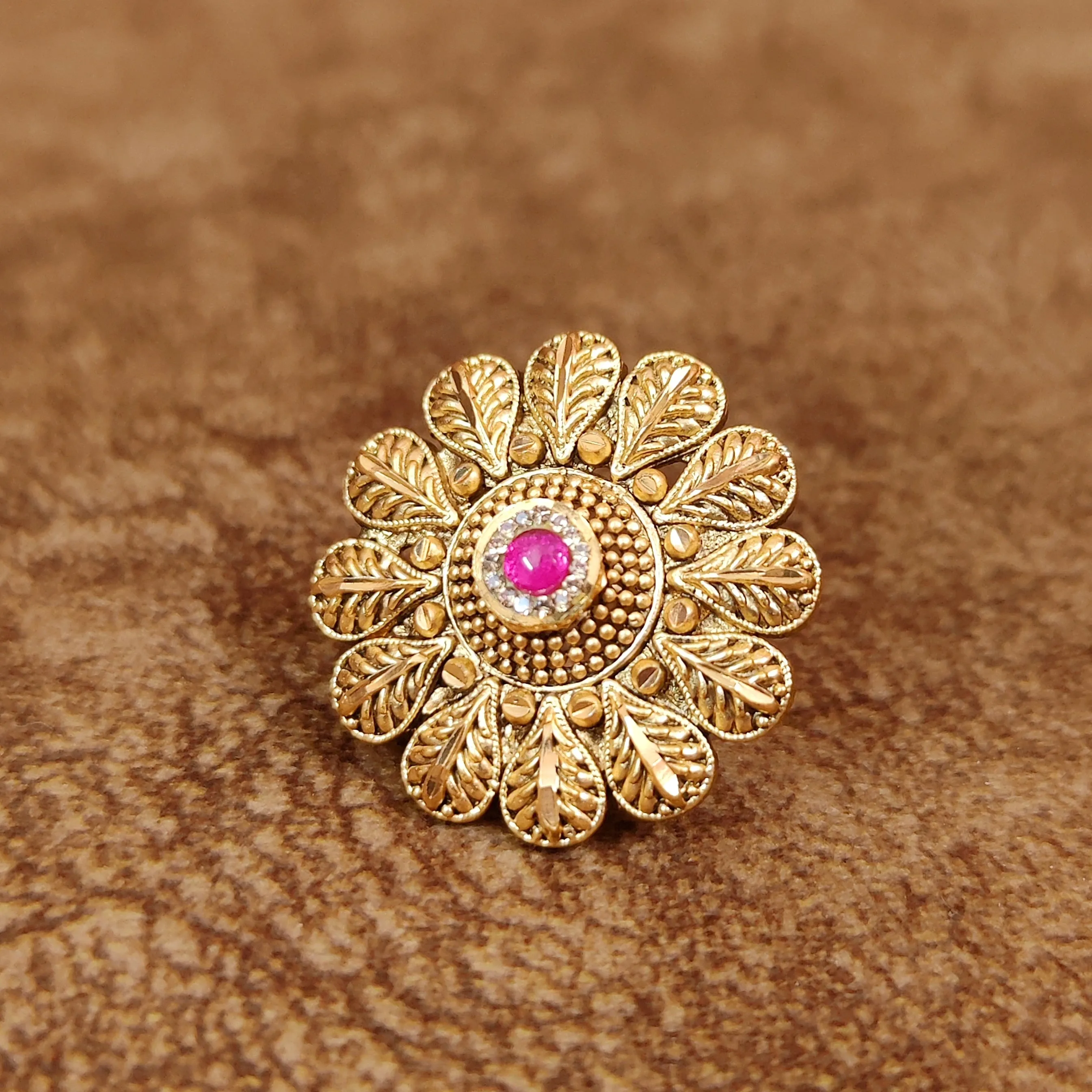 RUBY ANTIQUE GOLD LOOK ADJUSTABLE COCKTAIL RING