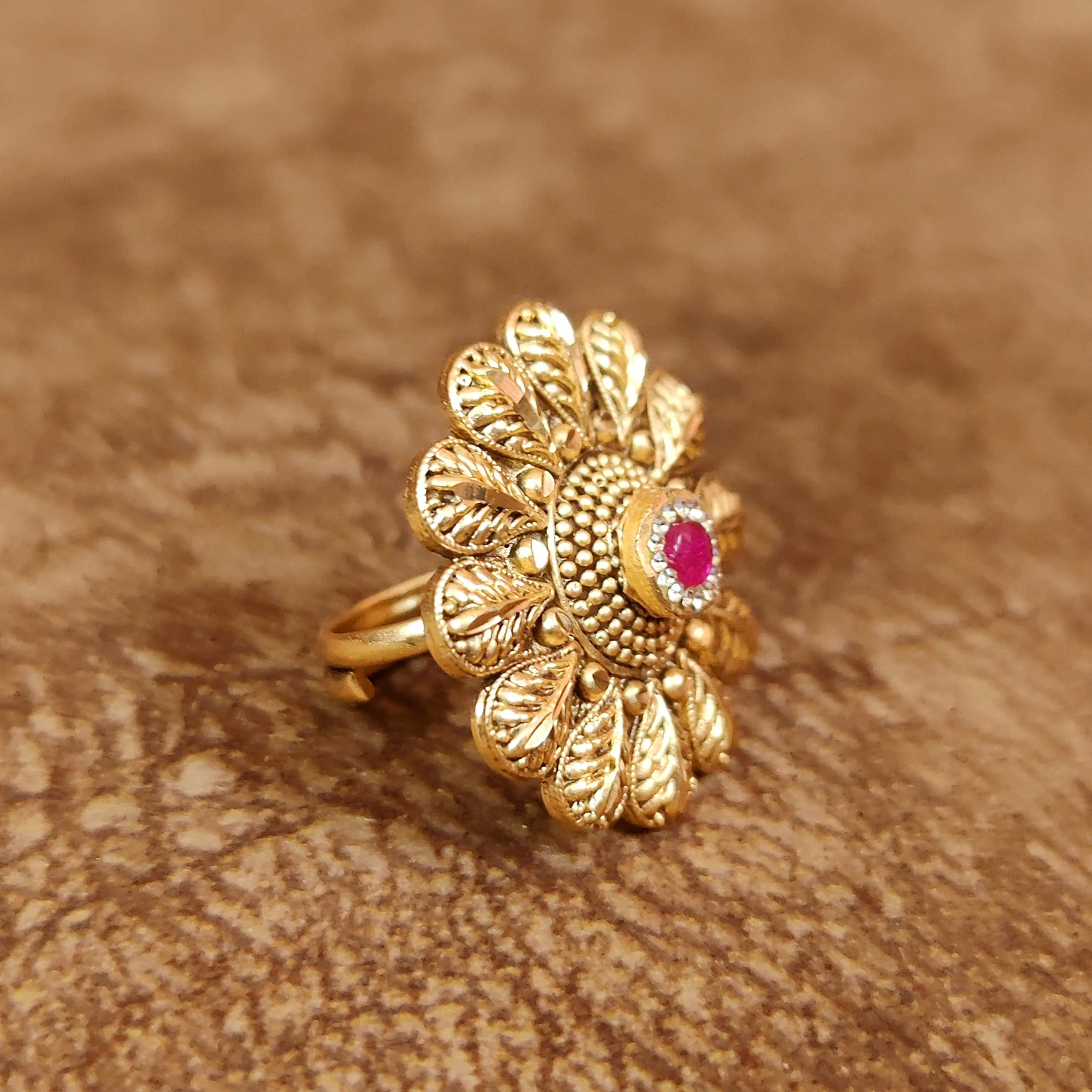 RUBY ANTIQUE GOLD LOOK ADJUSTABLE COCKTAIL RING