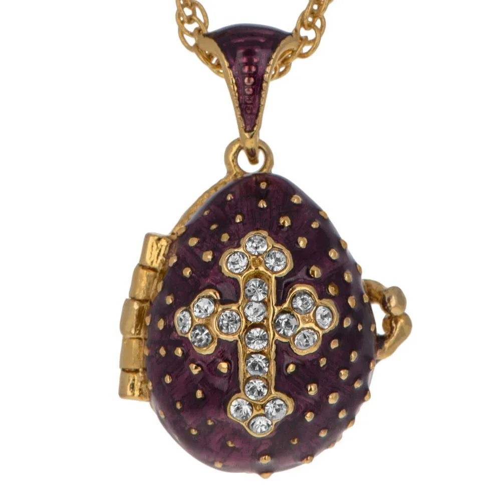 Sacred Elegance: 19-Crystal Cross Royal Egg Pendant on Purple Necklace, 20 Inches