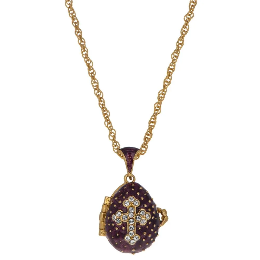 Sacred Elegance: 19-Crystal Cross Royal Egg Pendant on Purple Necklace, 20 Inches