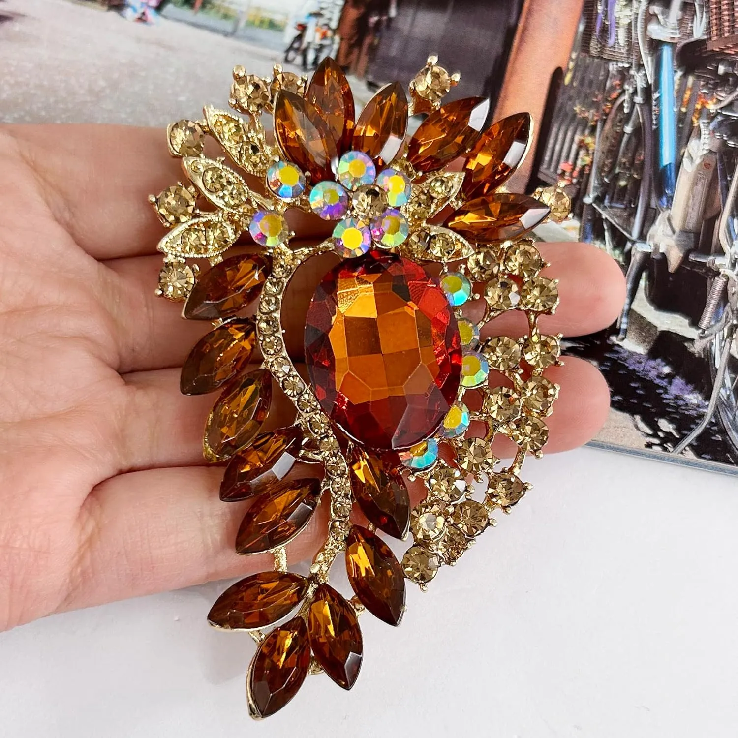 SELOVO Big Large Crystal Rhinestone Leaf Oval Statement Brooch Pin Jewelry Gold Tone