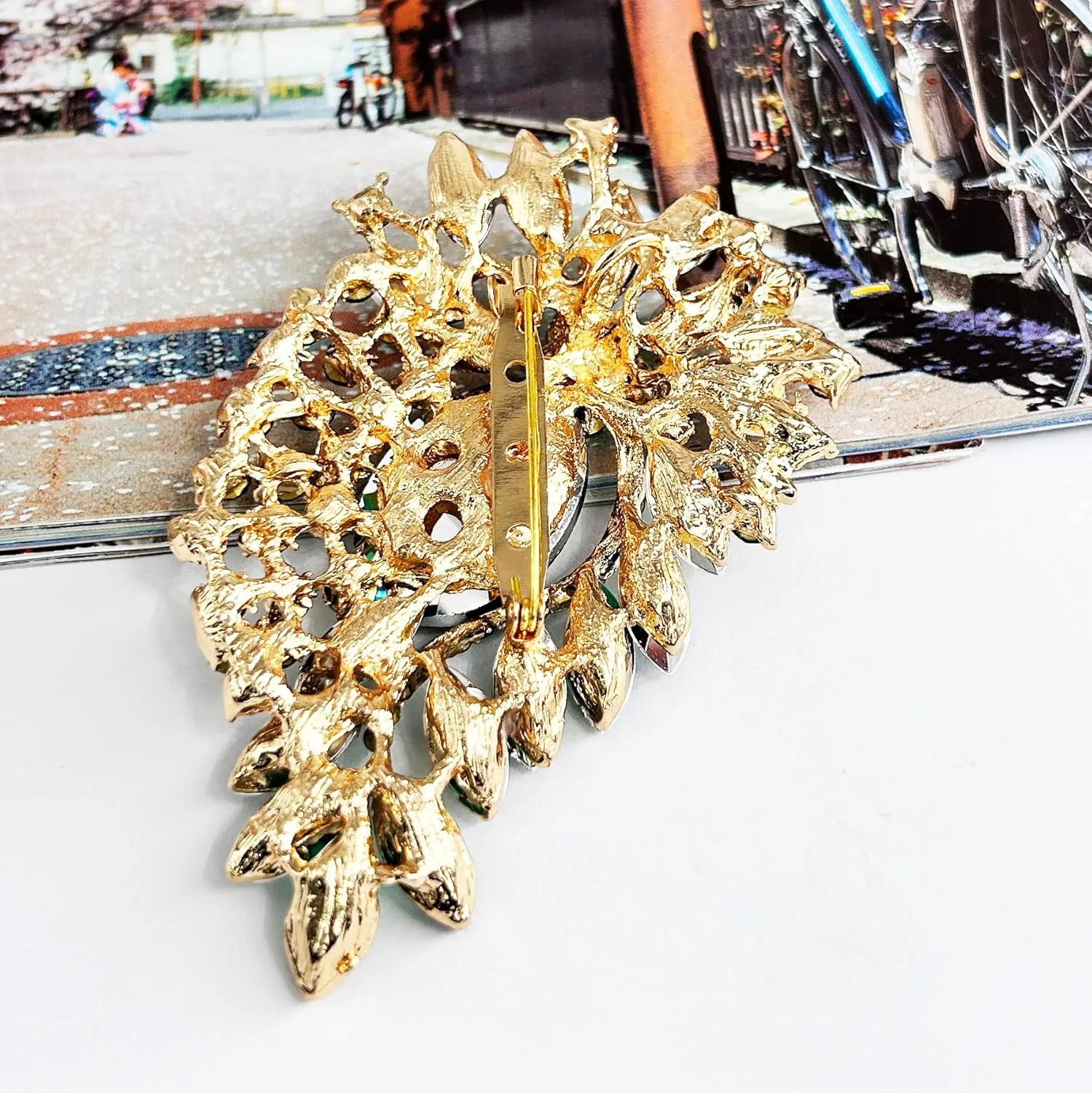 SELOVO Big Large Crystal Rhinestone Leaf Oval Statement Brooch Pin Jewelry Gold Tone