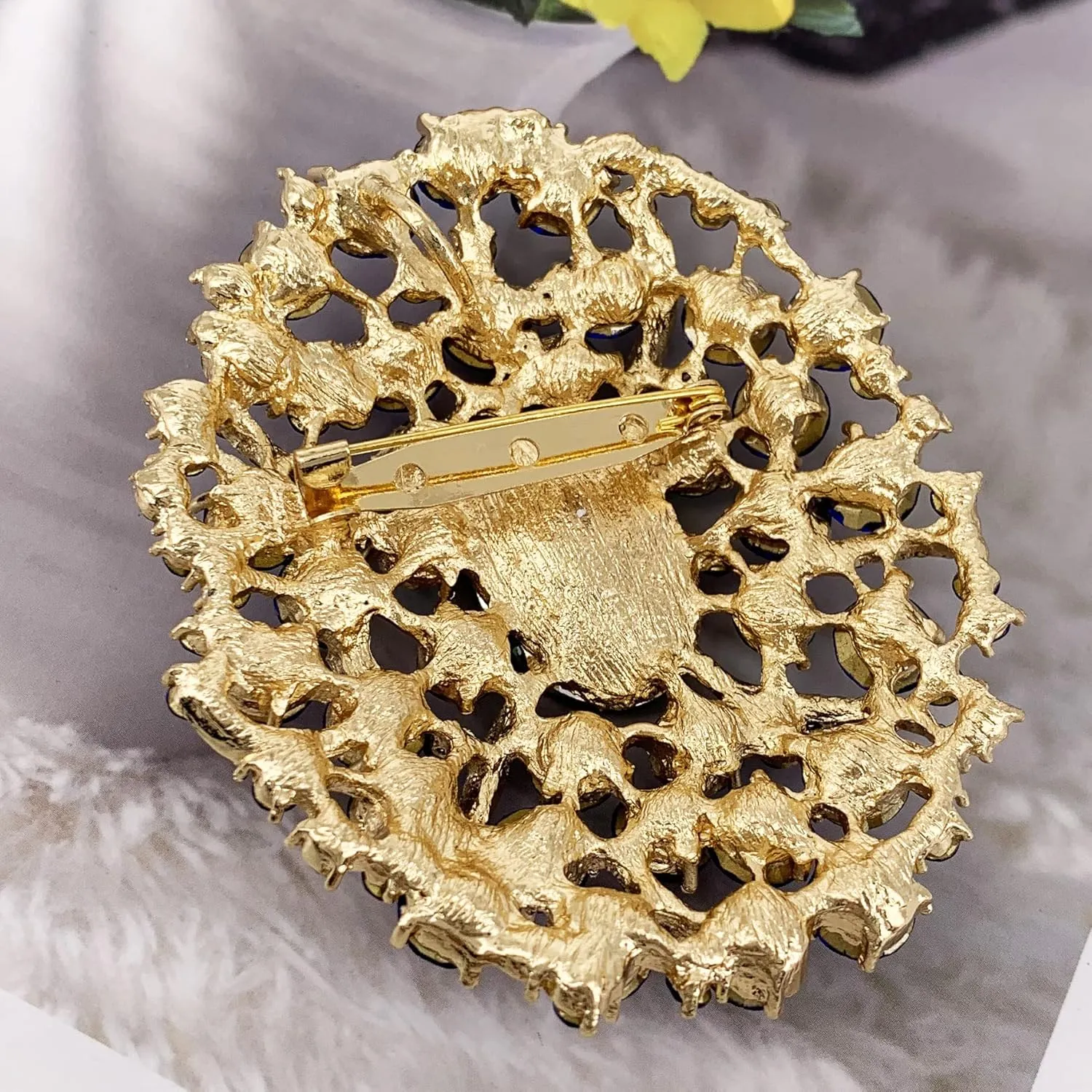 SELOVO Big Large Rhinestone Oval Glitter Brooch Pin Jewelry Accessory Gold Tone