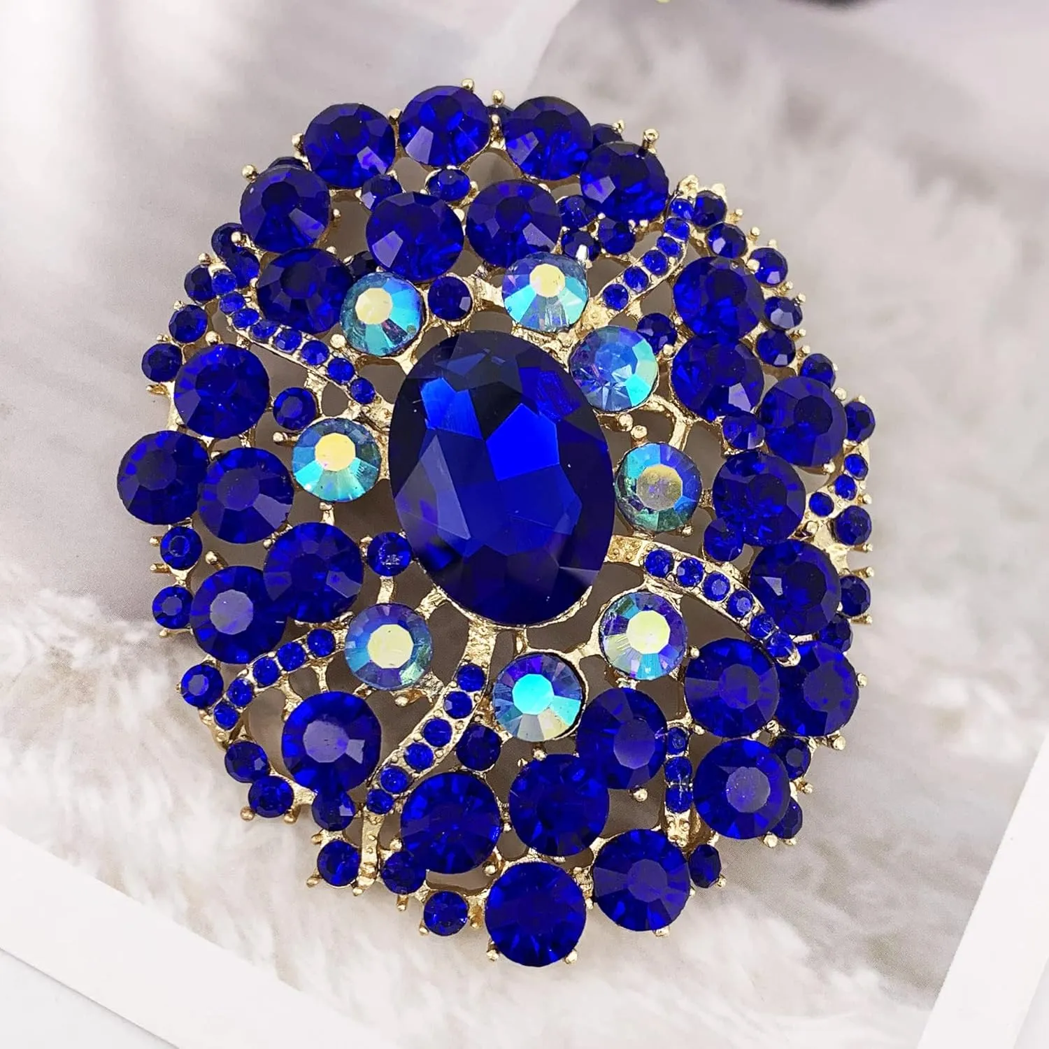 SELOVO Big Large Rhinestone Oval Glitter Brooch Pin Jewelry Accessory Gold Tone