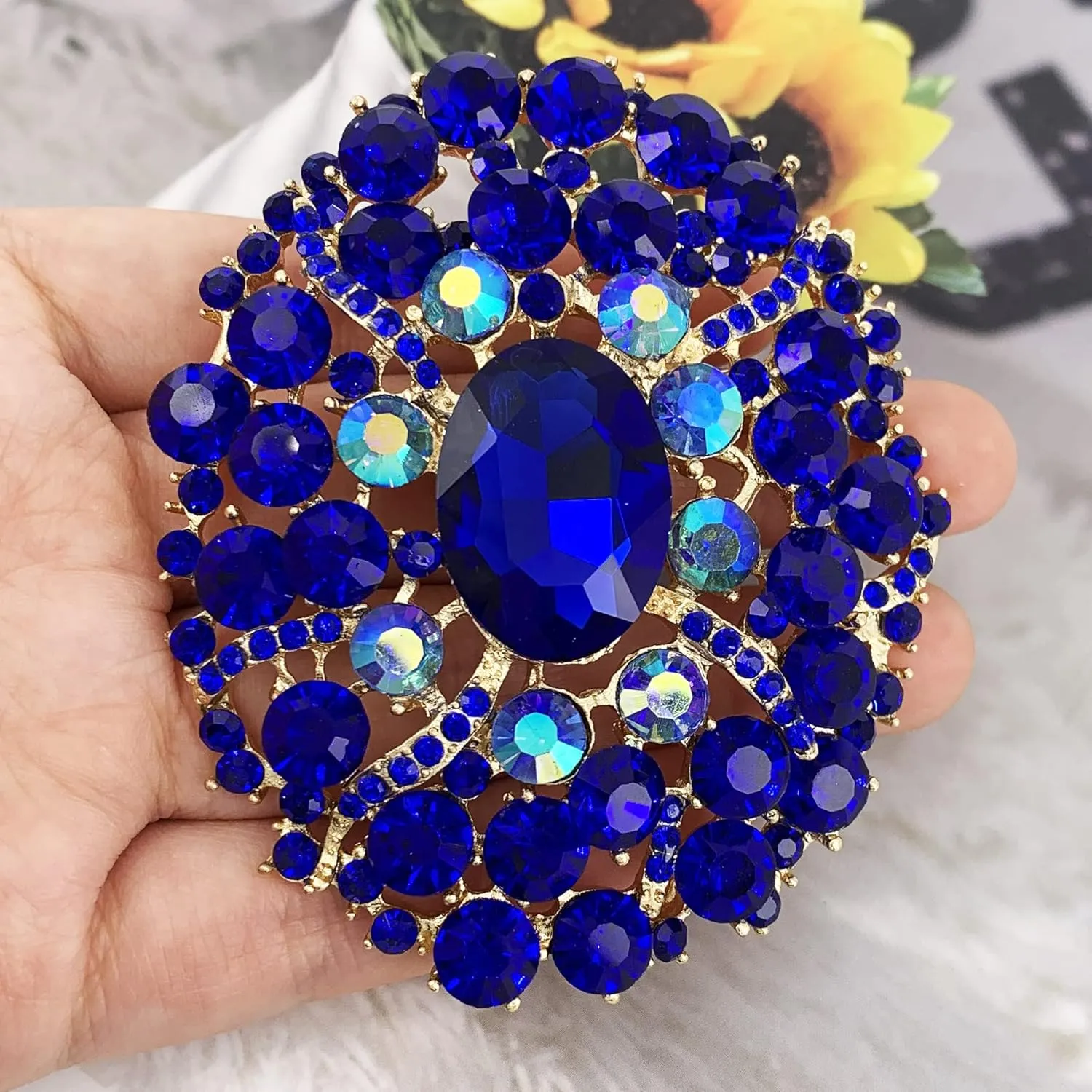 SELOVO Big Large Rhinestone Oval Glitter Brooch Pin Jewelry Accessory Gold Tone