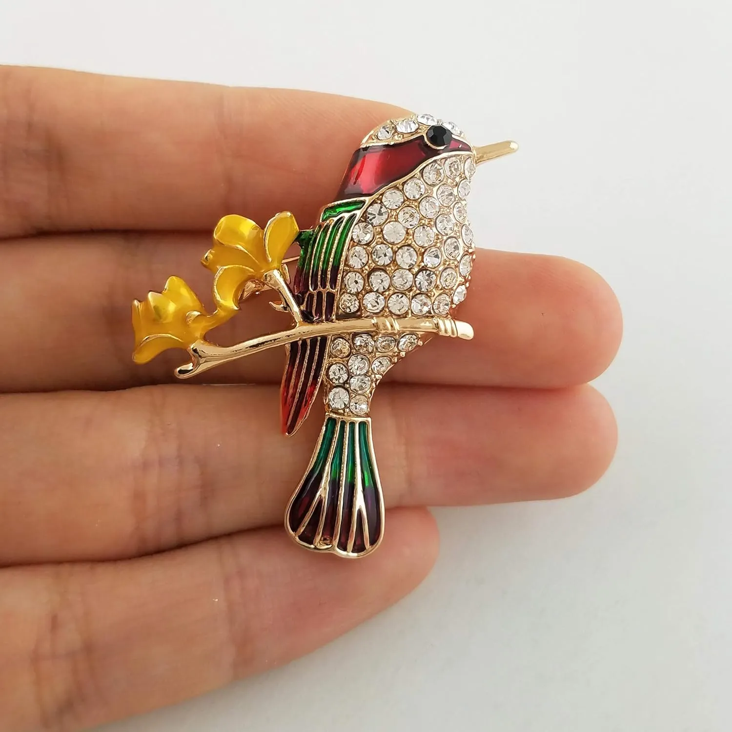SELOVO Elegant Bird Enamel Hummingbird Brooch Pin Gold Tone Clear Crystal