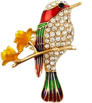 SELOVO Elegant Bird Enamel Hummingbird Brooch Pin Gold Tone Clear Crystal