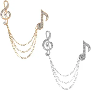 Shuxy 2PCS Men's Brooch Music Note Hanging Chain Brooch Stone Detailing with Engraving Metal Crystal Brooch Suit Stud Lapel Pin Vintage Rhinestone Breastpin Wedding Brooch Pin, Gold and Silver