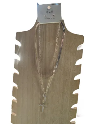 Silver Double Cross Layered Necklace with Earrings