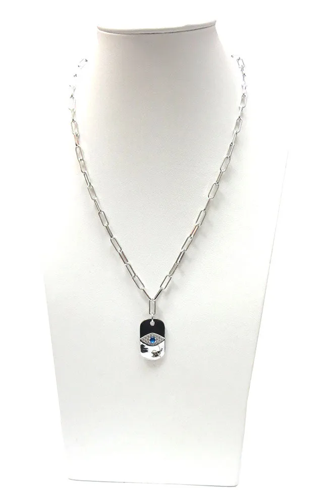 Silver Rectangle Chain Links with Rectangle Evil Eye Pendant Necklace