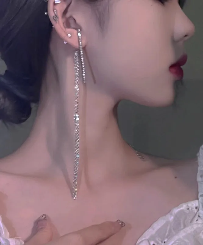 Skinny Silk Sterling Silver Zircon Tassel Drop Earrings AB1066