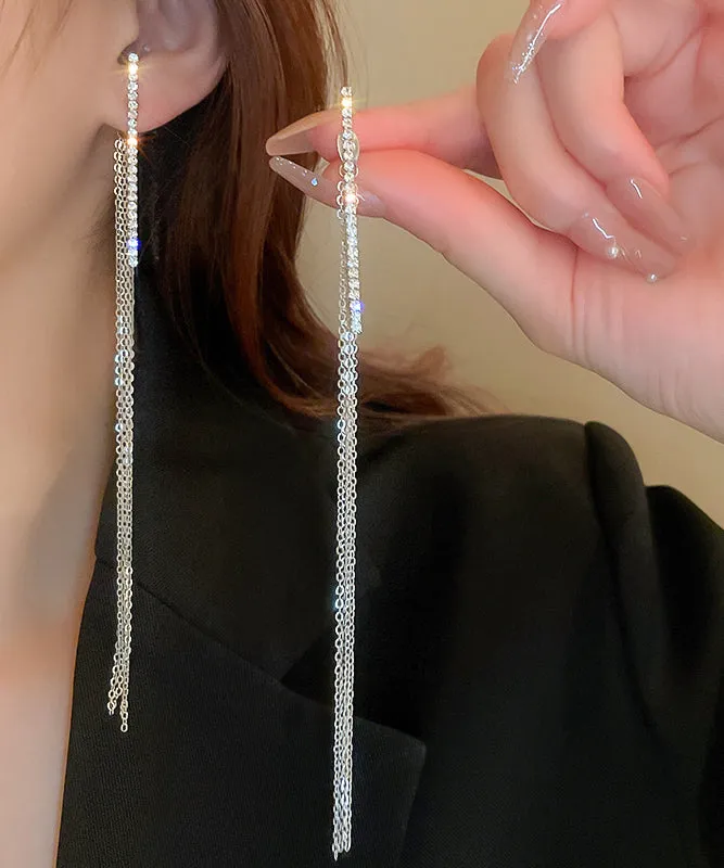 Skinny Silk Sterling Silver Zircon Tassel Drop Earrings AB1066