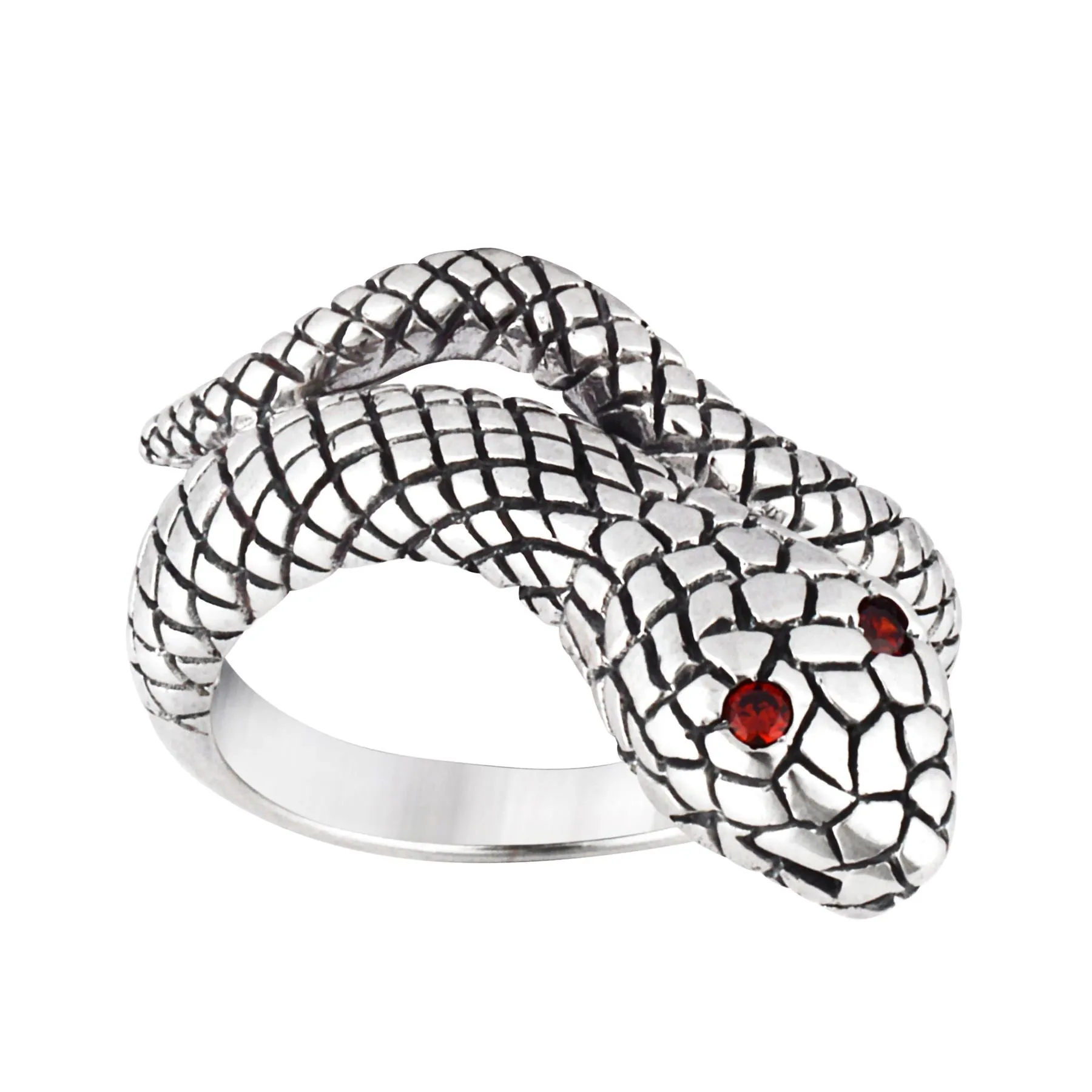 Sterling Silver Gothic Snake Wraparound Ring Red Eyed Serpent