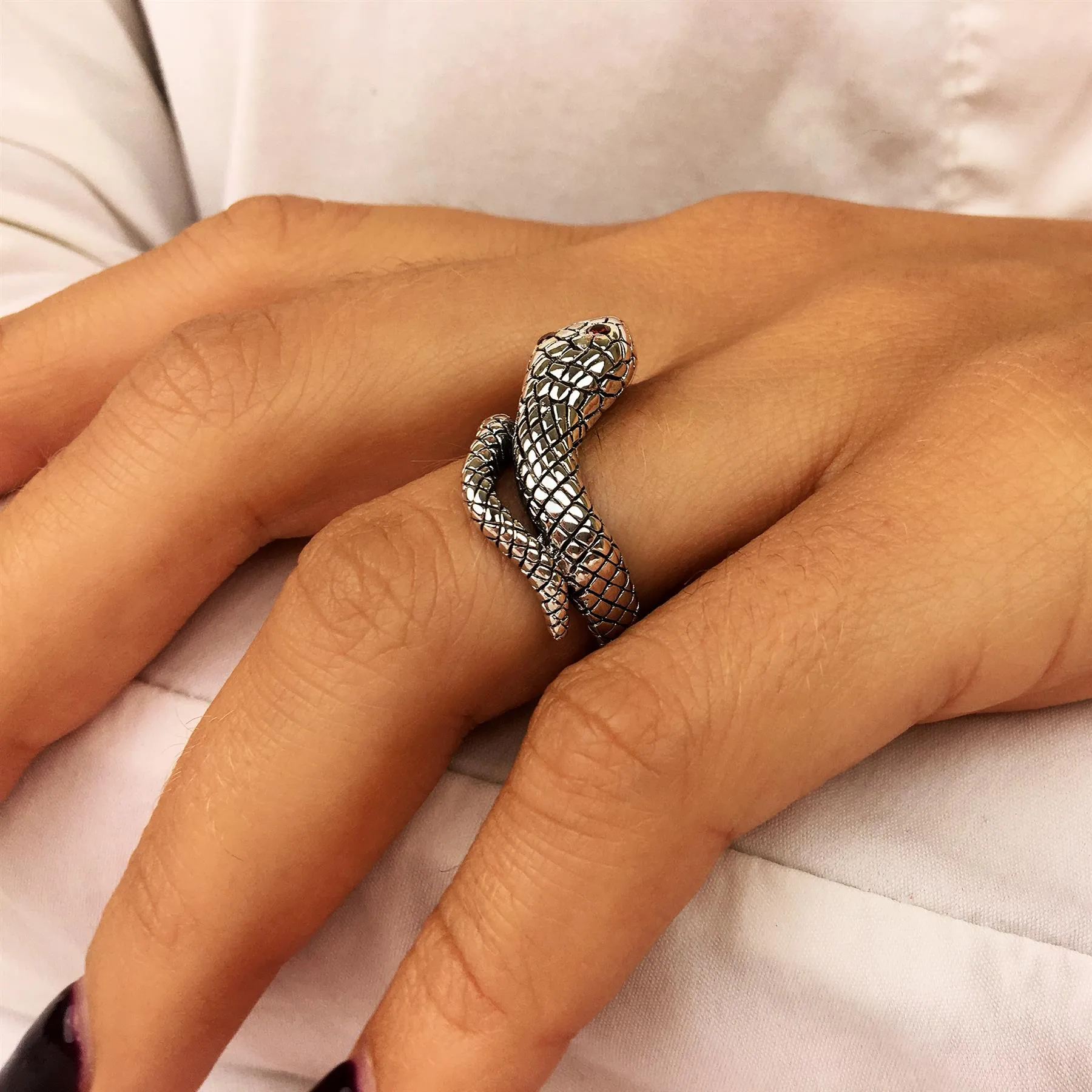 Sterling Silver Gothic Snake Wraparound Ring Red Eyed Serpent