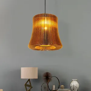 Stylish Brown Asian Dining Room Pendant Lighting - Ceiling Fixture with Cylinder Shade - 1 Bulb - Corrugated Paper